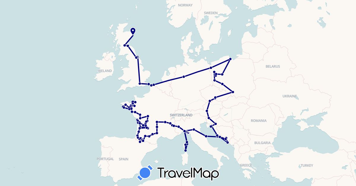TravelMap itinerary: driving in Austria, Bosnia and Herzegovina, Czech Republic, Germany, Spain, France, United Kingdom, Croatia, Italy, Poland, Slovenia (Europe)